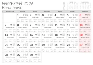 Kalendarz do druku Wschody i zachody słońca w miejscowości Baruchowo w wrześniu 2026