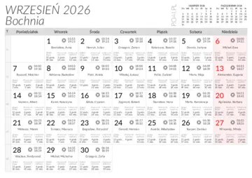 Kalendarz do druku Wschody i zachody słońca w miejscowości Bochnia w wrześniu 2026