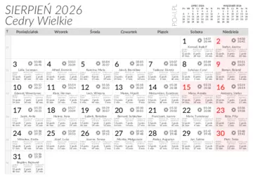 Kalendarz do druku Wschody i zachody słońca w miejscowości Cedry Wielkie w sierpniu 2026