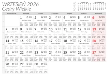 Wschody i zachody słońca w miejscowości Cedry Wielkie w wrześniu 2026