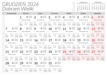 Kalendarz do druku Wschody i zachody słońca w miejscowości Dobrzeń Wielki w grudniu 2026