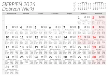 Kalendarz do druku Wschody i zachody słońca w miejscowości Dobrzeń Wielki w sierpniu 2026