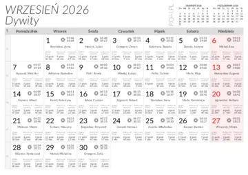 Wschody i zachody słońca w miejscowości Dywity w wrześniu 2026
