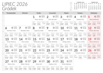 Kalendarz do druku Wschody i zachody słońca w miejscowości Gródek w lipcu 2026