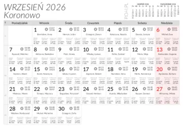 Kalendarz do druku Wschody i zachody słońca w miejscowości Koronowo w wrześniu 2026