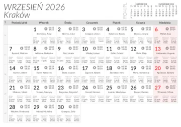Kalendarz do druku Wschody i zachody słońca w miejscowości Kraków w wrześniu 2026