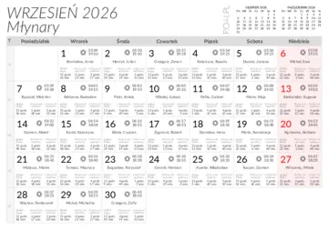 Kalendarz do druku Wschody i zachody słońca w miejscowości Młynary w wrześniu 2026