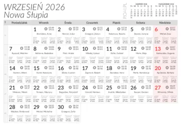 Kalendarz do druku Wschody i zachody słońca w miejscowości Nowa Słupia w wrześniu 2026