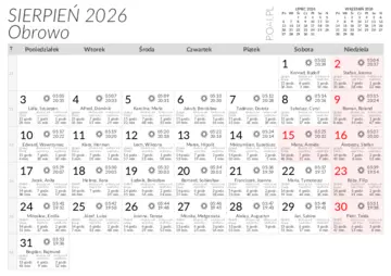 Wschody i zachody słońca w miejscowości Obrowo w sierpniu 2026