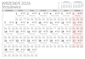 Kalendarz do druku Wschody i zachody słońca w miejscowości Strzyżewice w wrześniu 2026