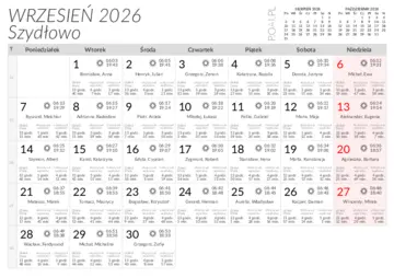Kalendarz do druku Wschody i zachody słońca w miejscowości Szydłowo w wrześniu 2026