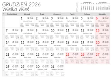 Kalendarz do druku Wschody i zachody słońca w miejscowości Wielka Wieś w grudniu 2026