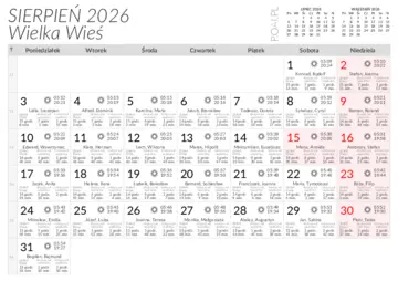 Kalendarz do druku Wschody i zachody słońca w miejscowości Wielka Wieś w sierpniu 2026