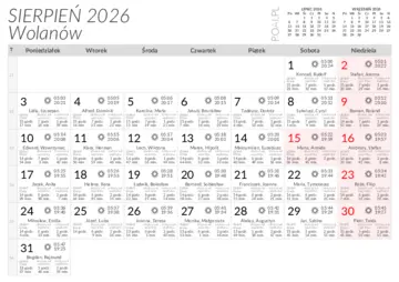 Wschody i zachody słońca w miejscowości Wolanów w sierpniu 2026